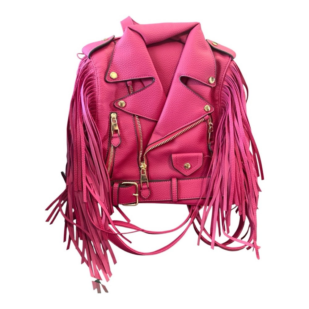 La Miel Fuchsia Pink Fringe Motorcycle Jacket Backpack Vegan Leather Bag NWT - Picture 9 of 10